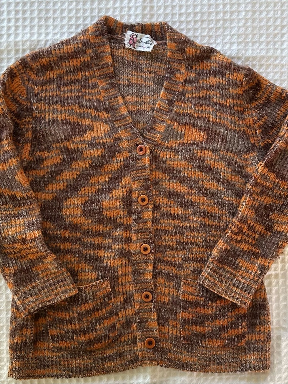 Vintage Knit Cardigan Sweater 60s 70s Brown Orange Button Down Autumn Fall